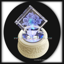 3d Laser Engraved Crystal Rose Cube with Music Rotate Led Base